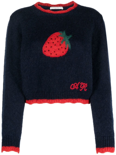 Alessandra Rich Jacquard Strawberry Mohair Blend Sweater In Blue