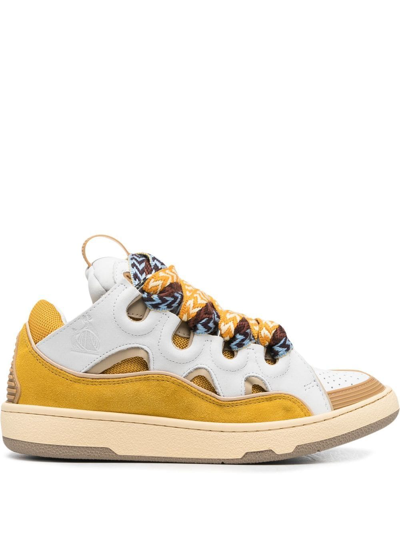 Lanvin 30mm Curb Leather & Mesh Sneakers In White,yellow