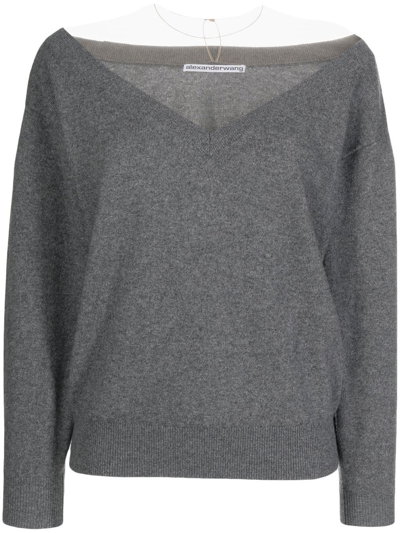 Alexander Wang Cropped V-neck Illusion Tulle Pullover In Silver