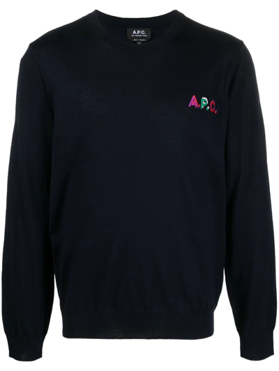 Apc Embroidered Logo Wool-blend Sweatshirt In Blau
