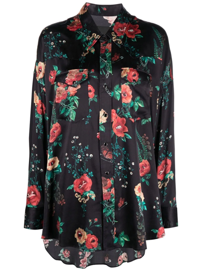 R13 X Useless Treasures Floral Print Oversize Silk Shirt In Black