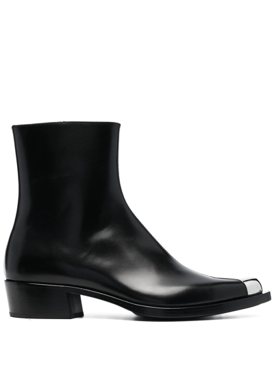 Alexander Mcqueen Men's Metal Pointed Toe Leather Zip Ankle Boots In Black/silver