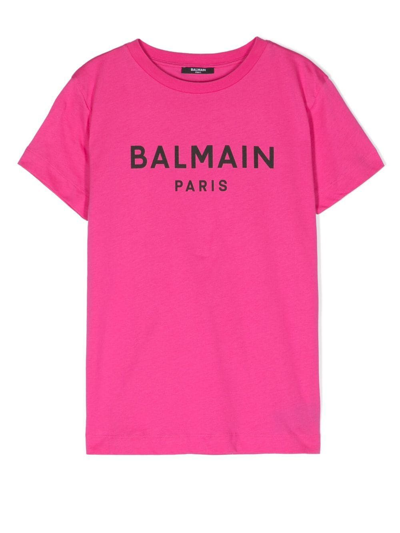 Balmain Kids' Logo-print Short-sleeve T-shirt In 514-fuxia