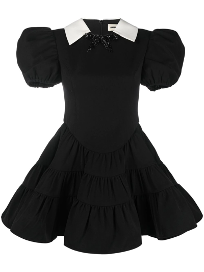 Shushu-tong Black Puff Sleeve Tiered Mini Dress