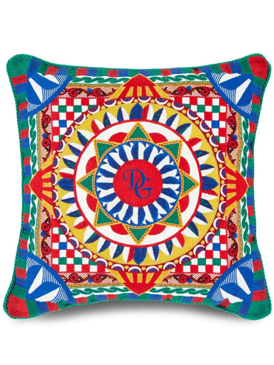 Dolce & Gabbana Embroidered Carretto-print Cushion In Grün