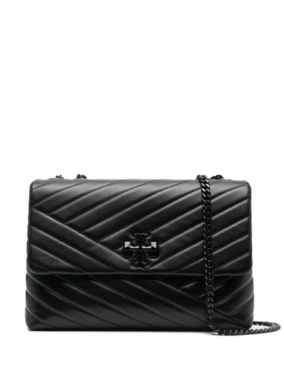 Tory Burch Logo标牌绗缝单肩包 In Black