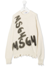 Msgm Distressed-hem Logo-print Jumper In Nude