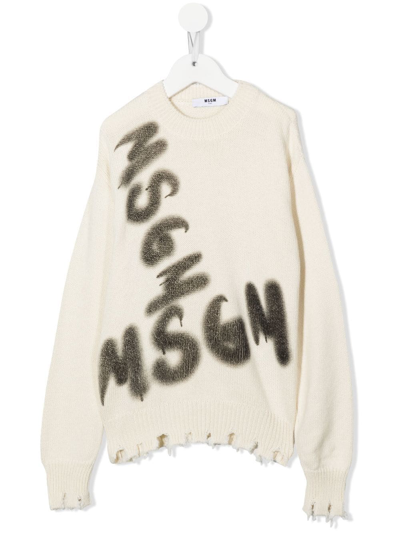 Msgm Kids' Distressed-hem Logo-print Jumper In Nude