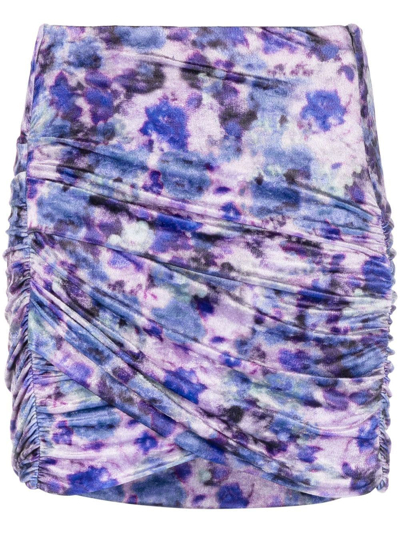 Isabel Marant Guilayo Blur Floral-print Ruched Velvet Mini Skirt In Viola