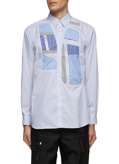 Comme Des Garçons Shirt Patchwork Zipper Detail Striped Cotton Poplin Button Up Shirt In Blue