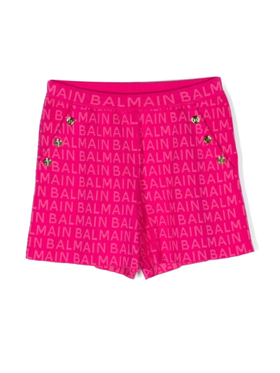 Balmain Kids Fuchsia Shorts With All-over Logo In Pink