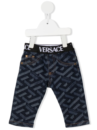 Versace Babies' La Greca-print Straight-leg Jeans In Blue
