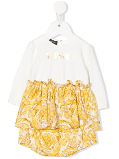 Versace Babies' Barocco连衣裙与灯笼裤套装 In Bianco+oro