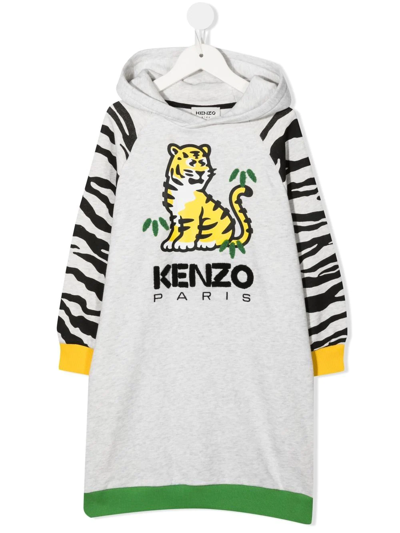 Kenzo Kids' Flocked-logo Hoodie Dress In A11-grey Marl