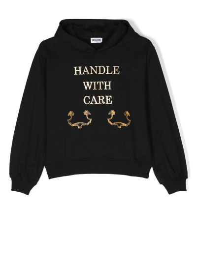 Moschino Kids' Handle With Care Cotton Hoodie In Black