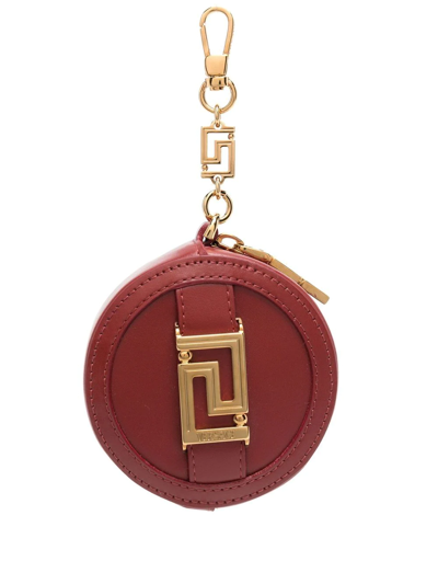 Versace Greca Detachable Leather Coin Purse In Red