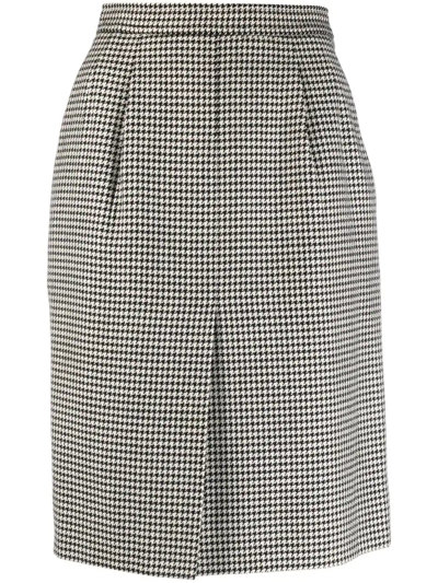 Pre-owned Saint Laurent 1980s Houndstooth Pencil Skirt In Black