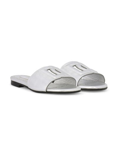 Dolce & Gabbana Kids' Perforated-logo Slides In Silver