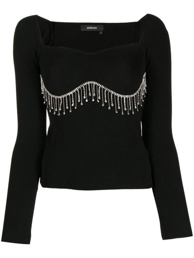 Anouki Crystal-embellished Ribbed-knit Top In Black