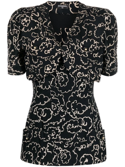 Pre-owned Chanel 1993 Camélia Print Short-sleeved Blouse In Black
