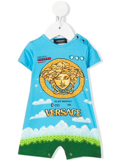 Versace Babies' Logo-print Graphic Bodysuit In Blue