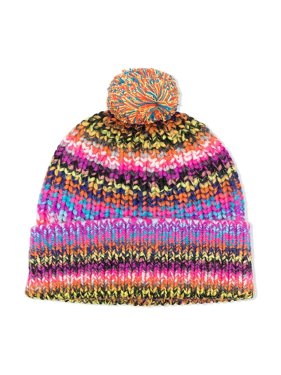Stella Mccartney Kids' Marl-knit Striped Pompom Hat In Pink