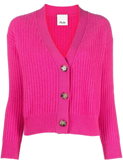 Allude V-neck Ribbed-knit Cashmere Cardigan In Bright Pink