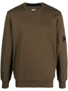 C.p. Company Green Crew Neck Sweater With Logo Plaque On The Sleeve In Cotton Man In Brown