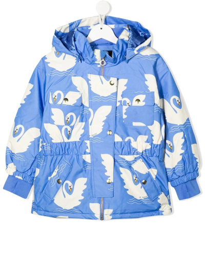 Mini Rodini Kids' Swan Soft Branded Printed Ski Jacket Blue