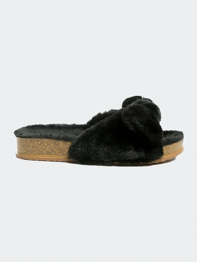 London Rag Fuzz Bow Fur Flats In Black