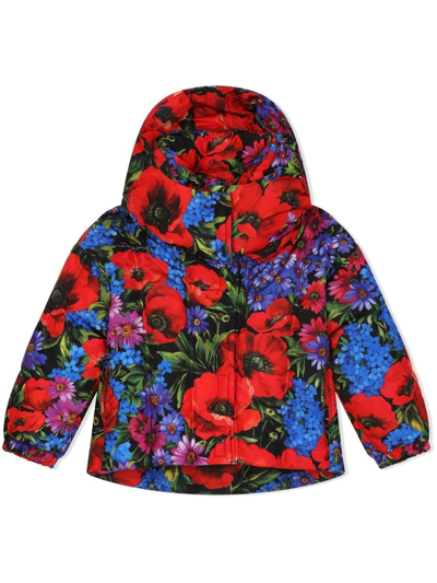 Dolce & Gabbana Kids' Floral-print Hooded Coat In Red