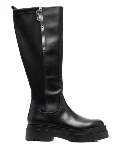 Liu •jo Logo-embossed Leather Boots In Black