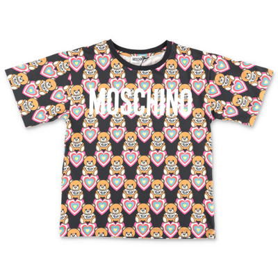 Moschino Kids'  T-shirt Nera Stampata In Jersey Di Cotone In Black