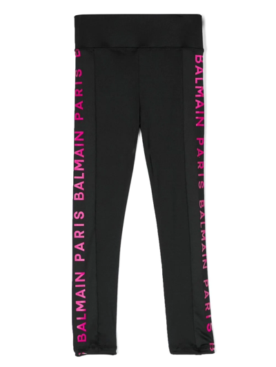 Balmain Kids' Logo-print High-waisted Leggings In Black