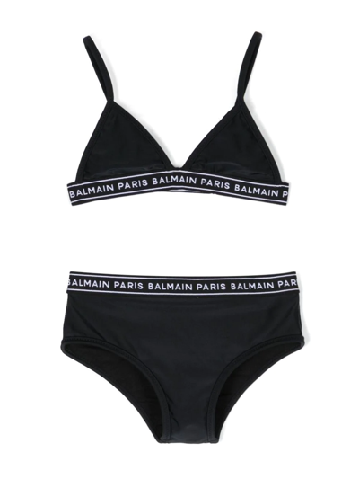 Balmain Kids' Triangle Style Logo Tape Bikini Set In Black