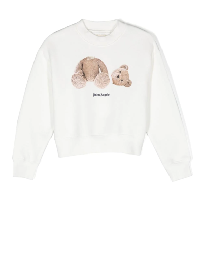 Palm Angels Kids' Teddy Bear-print Cotton Sweatshirt In White