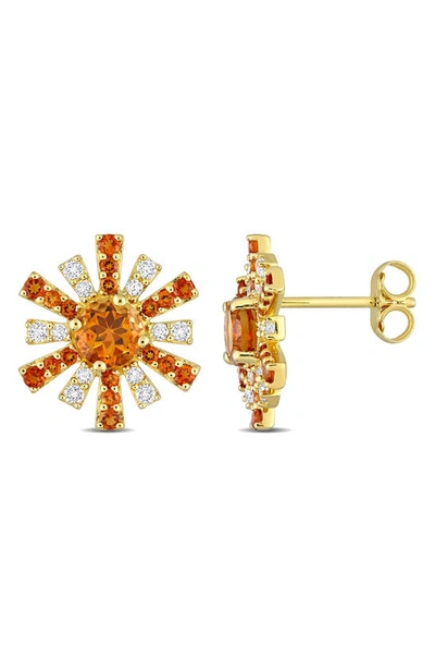 Delmar Goldtone Plate Sterling Silver Madeira Citrine & White Topaz Sunburst Stud Earrings In Yellow