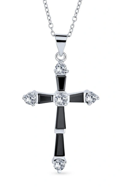 Bling Jewelry Sterling Silver Vintage Style Cz Cross Pendant Necklace In Black