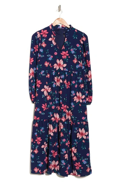 Vince Camuto Floral Long Sleeve Pebble Crepe Dress In Navy Multi