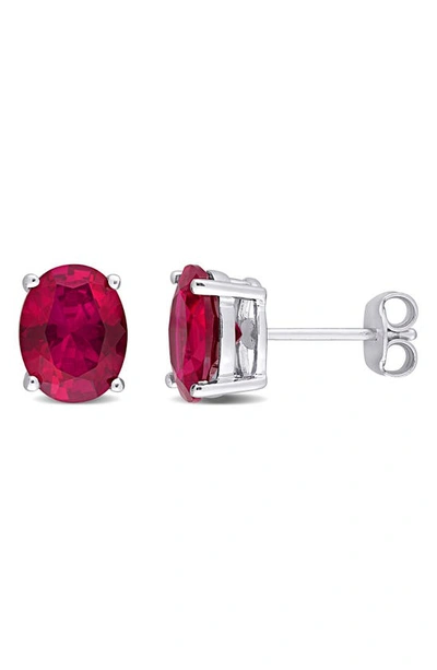 Delmar Sterling Silver Oval Created Ruby Stud Earrings In Red