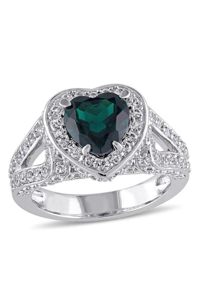 Delmar Sterling Silver Created Emerald & Created White Sapphire Heart Halo Ring In Green