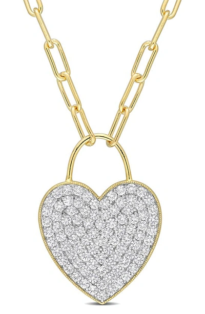 Delmar Goldtone Plate Sterling Silver Pavè Created White Sapphire Heart Pendant Necklace In Yellow
