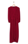Connected Apparel Faux Wrap Long Sleeve Maxi Dress In Garnet