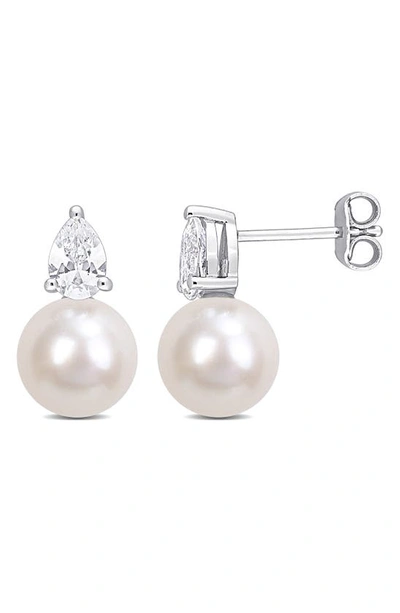 Delmar Sterling Silver 8.5-9mm Cultured Freshwater Pearl & Created White Sapphire Earrings