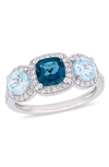 DELMAR DELMAR STERLING SILVER CUSHION CUT BLUE TOPAZ DIAMOND RING