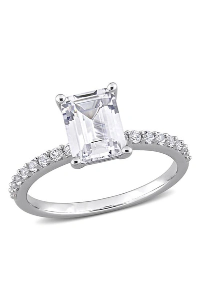 Delmar 10k White Gold Plated Sterling Silver Emerald Cut Created White Sapphire Ring