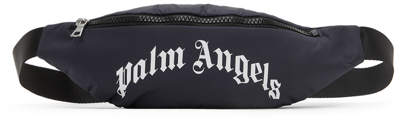 Palm Angels Kids Navy Curved Logo Fanny Pack In Navy Blue White