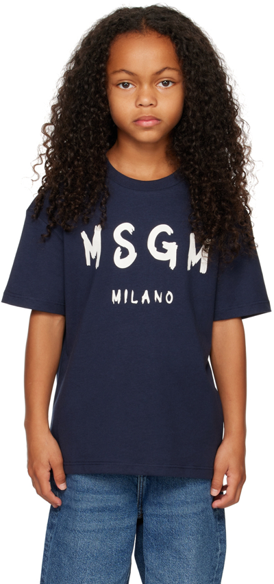 Msgm Kids Navy Logo T-shirt In Blu