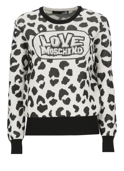 Love Moschino Sweater With Logo And Dalmatian Print In Bianco + Nero