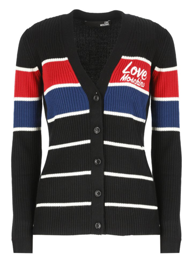 Love Moschino Striped Logo Intarsia Knit Cardigan In Red